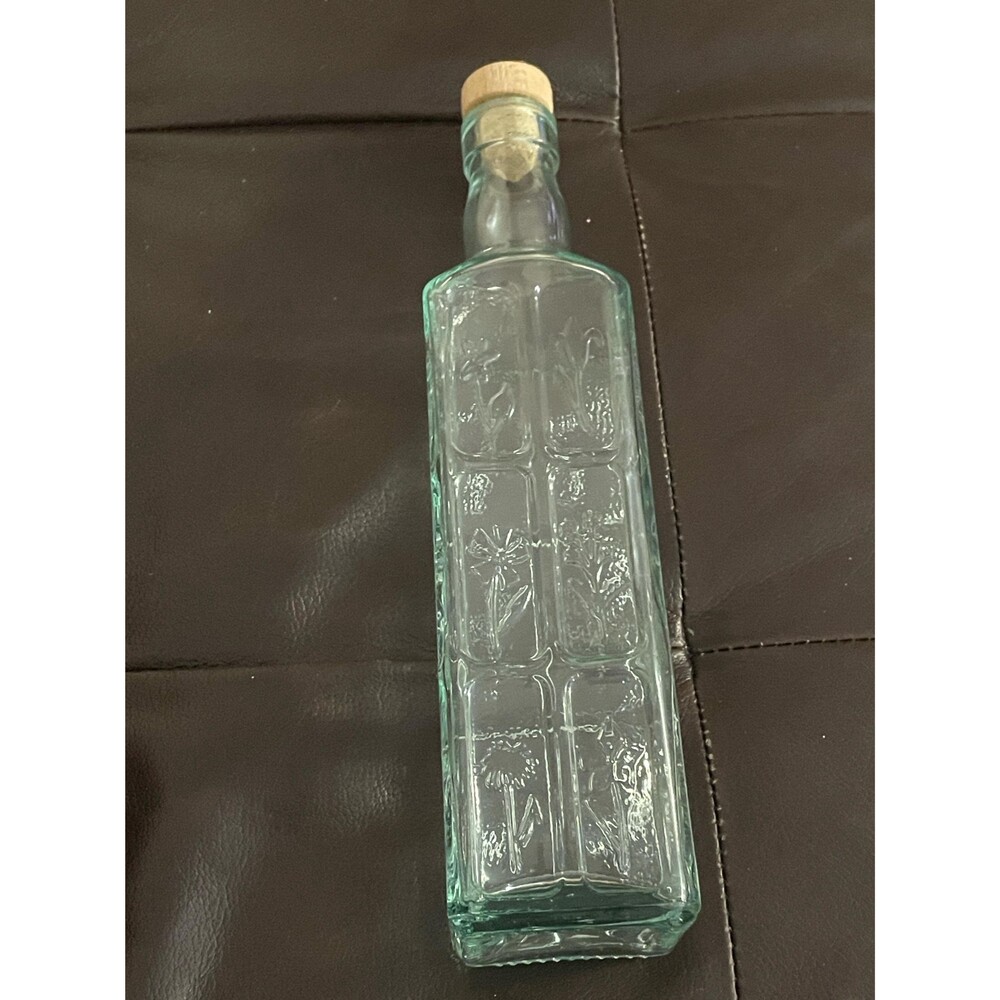 Vintage Style Embossed Glass Bottle with Cork Floral Panel Glass Decanter